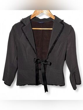 Vintage USA Miss Me Gray Tie Front Blazer Jacket Ruffle Trim Y2K Office Siren Sm